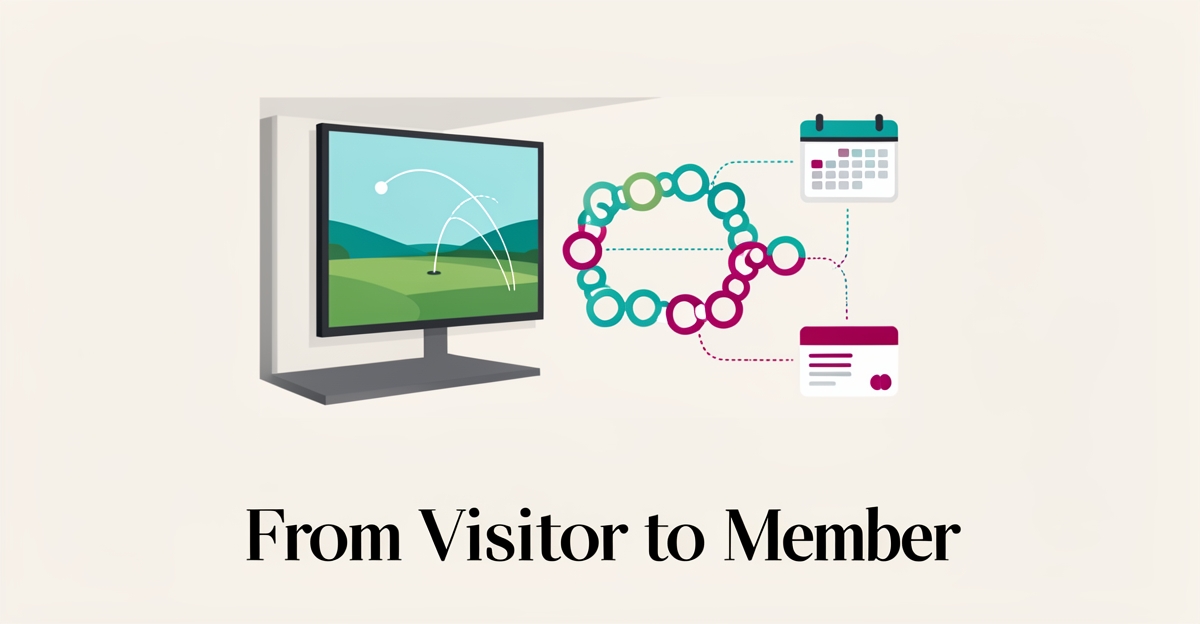 Flat illustration of a golf simulator bay with automation flow lines linking a first visit to repeat league membership, accented in teal and magenta.