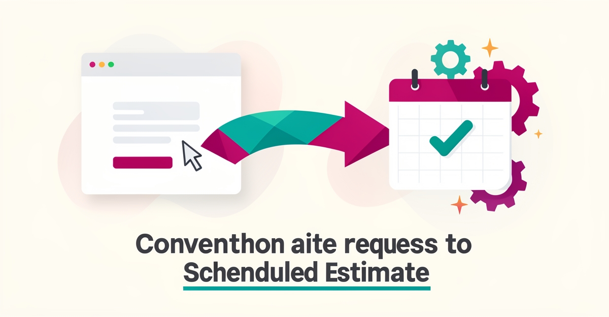 Flat illustration of a website quote form transforming into a scheduled calendar booking, accented in teal and magenta, with the headline Quotes to Bookings.