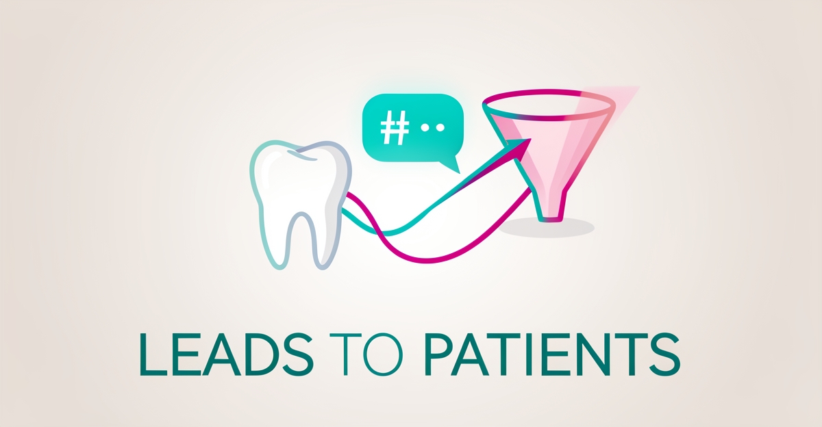 Flat illustration of a dental implant icon linked to an AI chat bubble and rising funnel, symbolizing automated lead conversion.