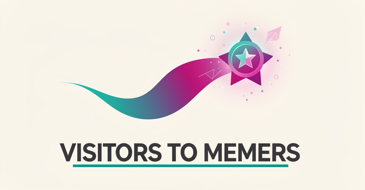 Flat illustration of an email envelope traveling a teal-to-magenta path toward a membership badge, symbolizing automated email conversion.