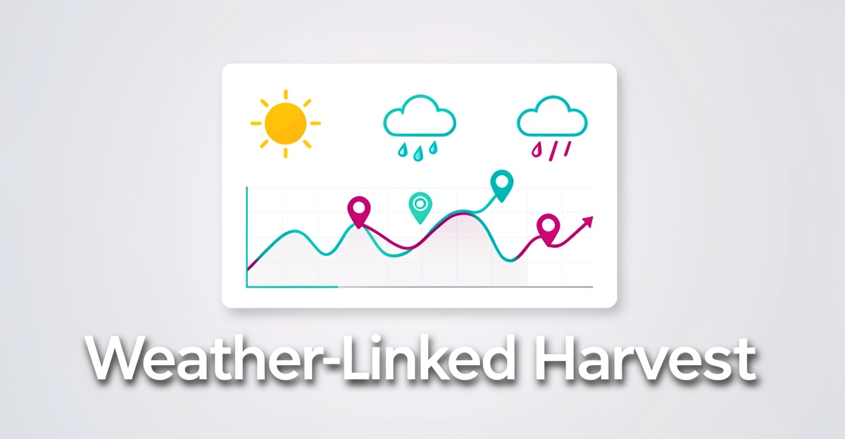 A minimalist flat illustration of a weather and soil data dashboard with brand-colored accents, featuring the headline 'Weather-Linked Harvest' in the lower third.