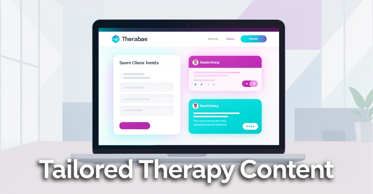 A modern flat illustration of a therapy website interface displaying personalized AI-generated content elements with brand color accents, conveying client-specific customization