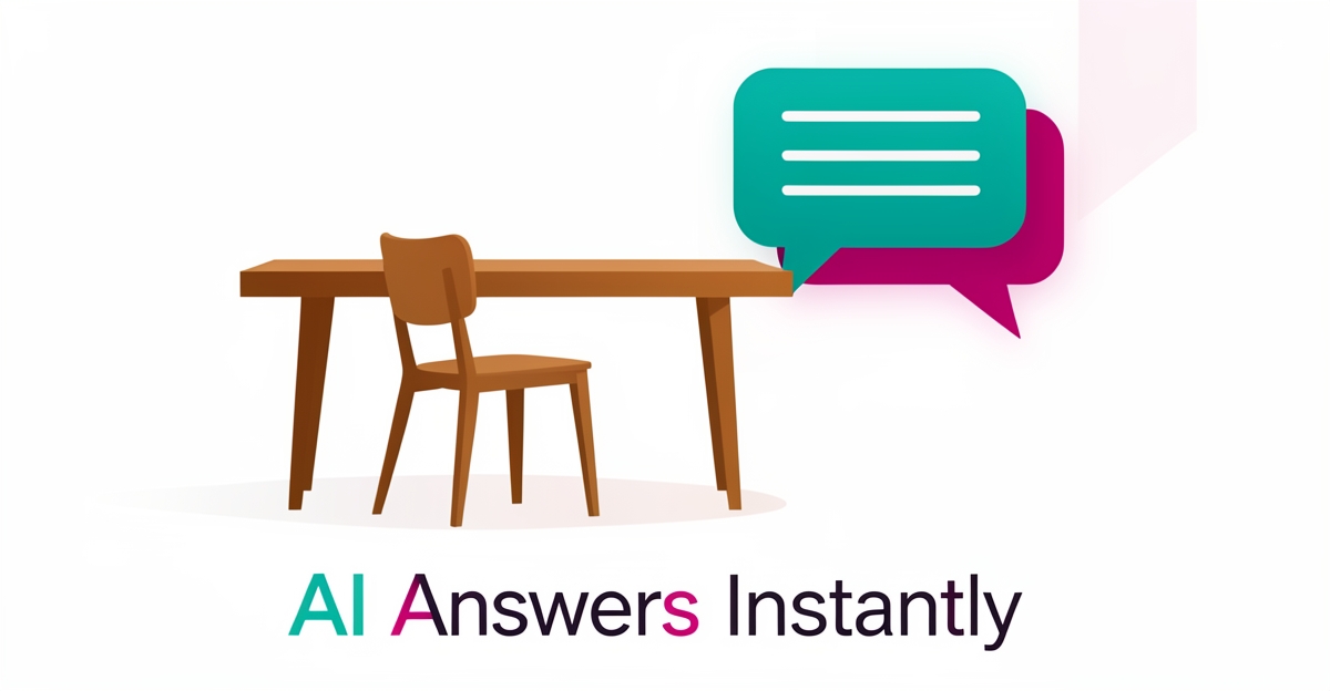 Flat illustration of wooden furniture with AI chat bubbles in teal and magenta, symbolizing instant automated answers to custom finish and delivery questions.