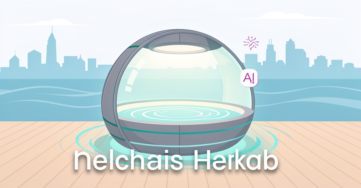 A minimalist flat illustration of a float spa pod in a Halifax-inspired setting with soft waves and skyline hints, featuring brand color accents and the headline 'AI Builds Trust' in the lower third.