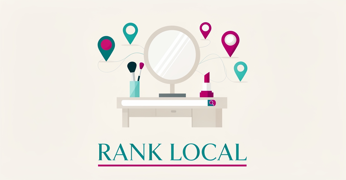 Flat illustration of a makeup vanity with brush, mirror, and location pins connected by lines, accented in teal and magenta, with headline Rank Local.