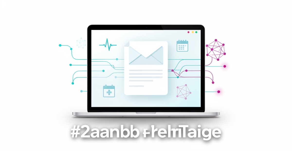 A minimalist flat illustration showing a laptop with an email template and AI-driven data accents, representing automated personalized post-consultation follow-up emails in a healthcare setting.