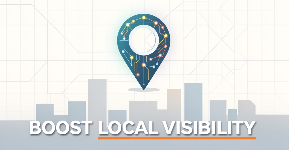 A stylized digital map pin over a minimalist cityscape with grid background, symbolizing AI-powered local service descriptions for improved search visibility, featuring brand color accents in a clean flat illustration style.
