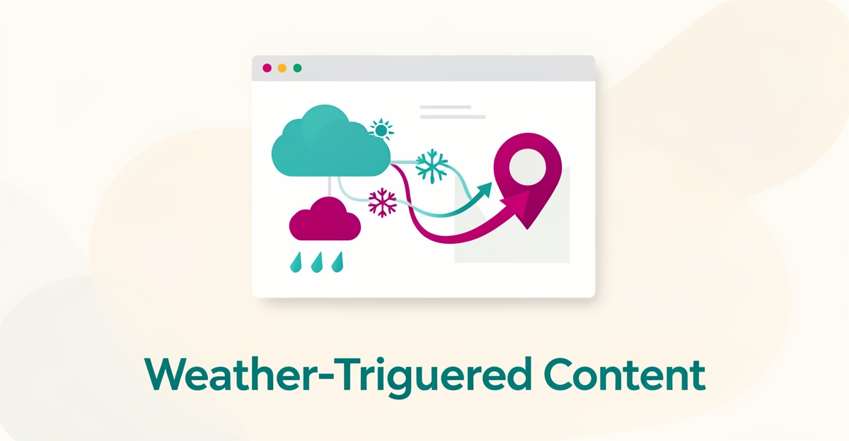 Flat illustration of weather icons feeding data into a website dashboard with a location pin and rising conversion arrow, accented in teal and magenta.