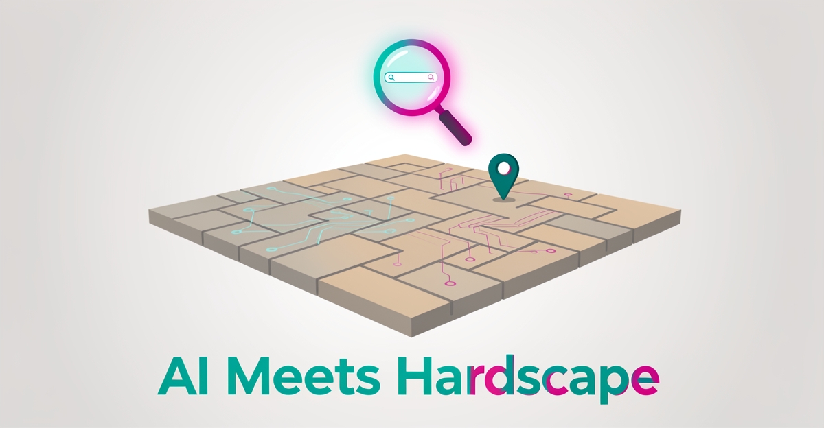 Flat illustration of a hardscape patio with AI circuit lines, a search icon, and teal and magenta accents.