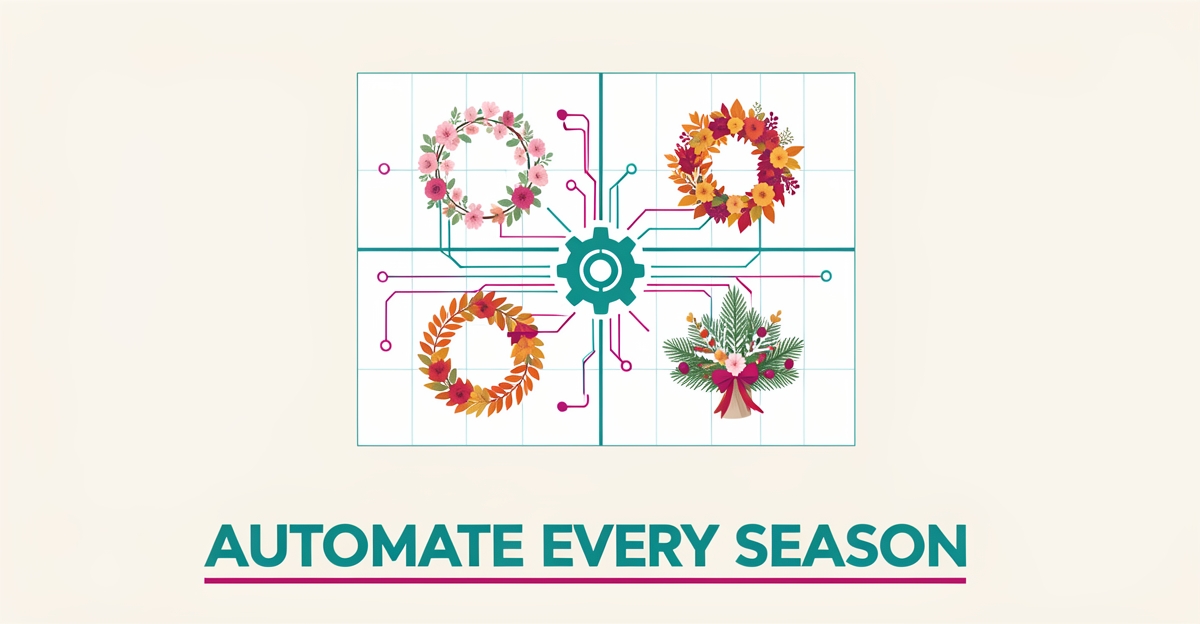 Flat illustration of a four-season event decor calendar connected by glowing circuit lines to a central AI gear, with teal and magenta accents.