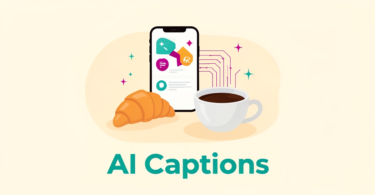 Flat illustration of a bakery café croissant and coffee beside a smartphone with AI sparkle icons, accented in teal and magenta, headline reading AI Captions.