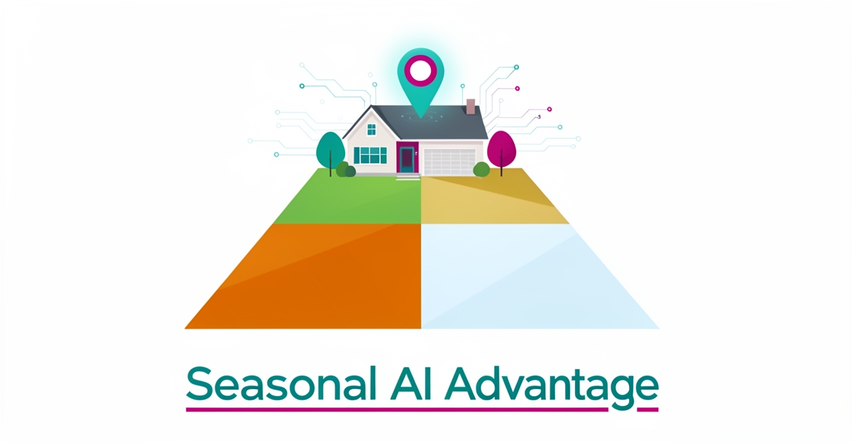 Flat illustration of a lawn across four seasons with a glowing map pin and AI circuit accents, headline reading Seasonal AI Advantage.