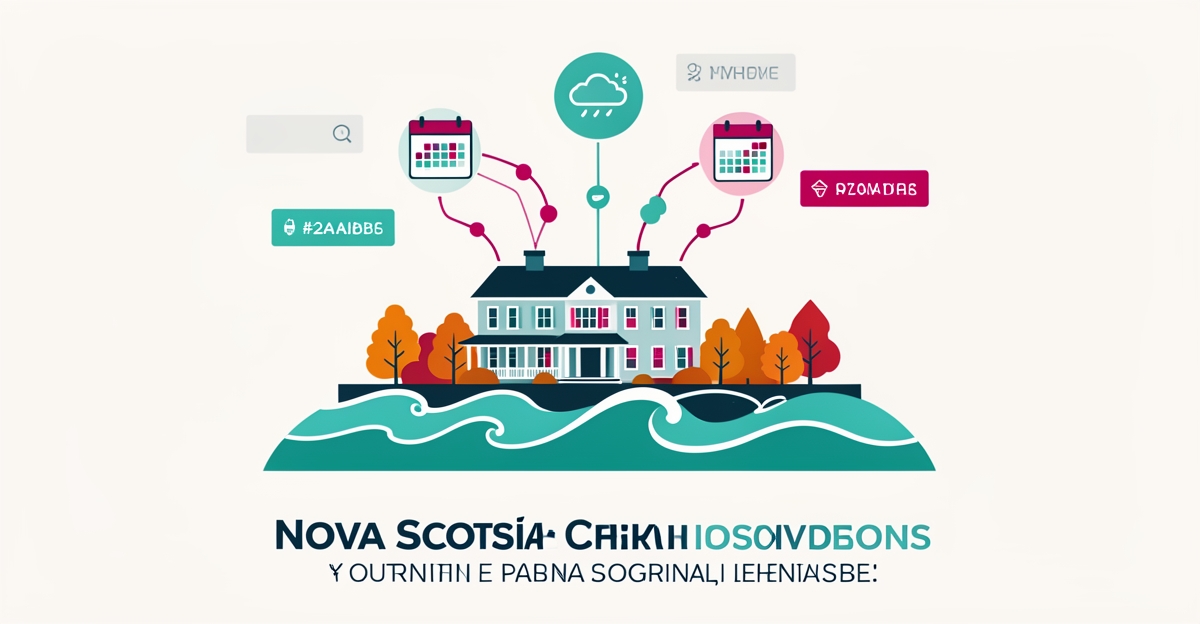 Flat illustration of Nova Scotia hotel with AI weather triggered seasonal promotions and event driven offers.
