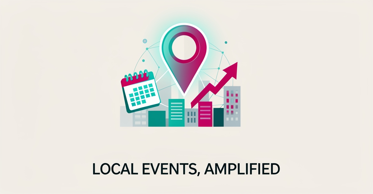 Flat illustration of a glowing map pin over a stylized city event scene with calendar and share arrows, accented in teal and magenta.