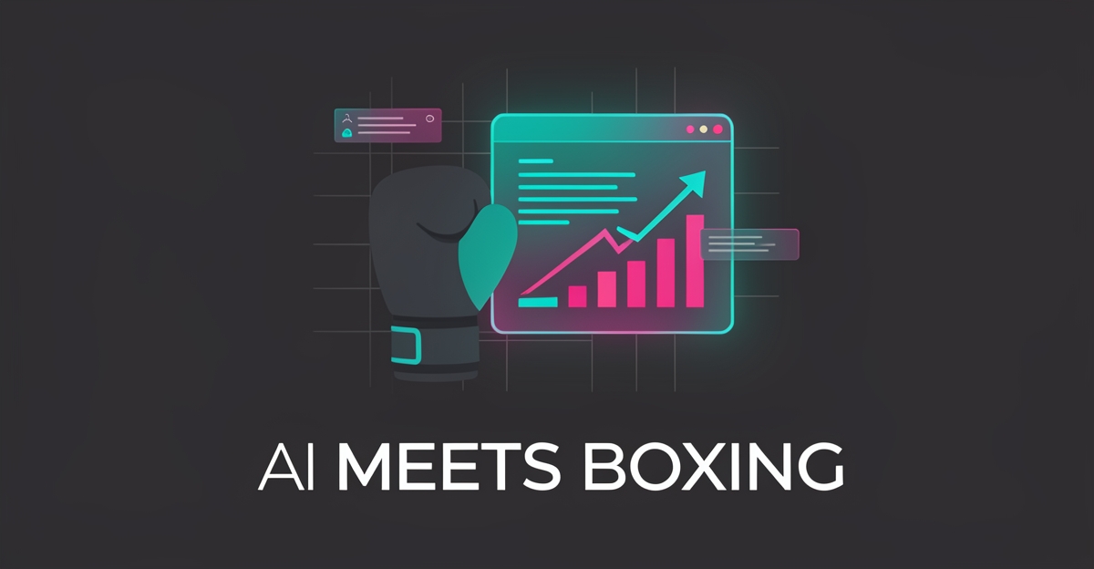 Flat illustration of a boxing glove beside a glowing AI interface panel showing text lines and a rising pricing chart in teal and magenta accents.