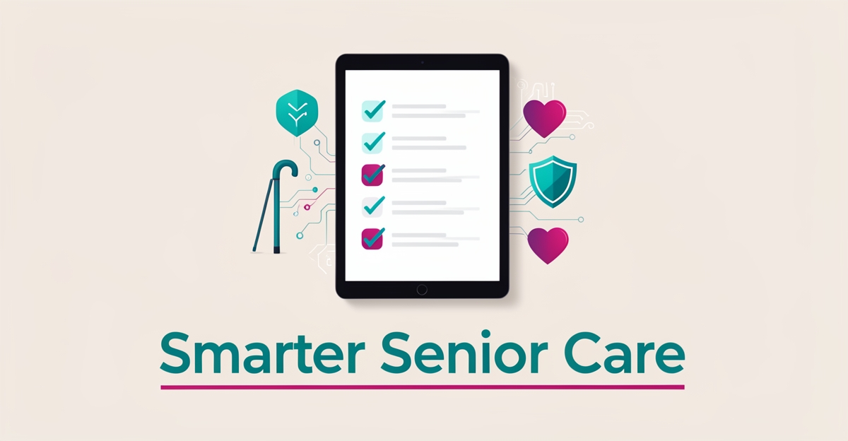 Flat illustration of a tablet with a care checklist, cane, heart, and shield icons in teal and magenta, headlined Smarter Senior Care.