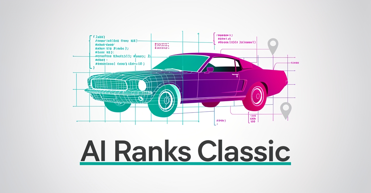 Flat illustration of a 1965 Mustang forming from digital code and schema markup, symbolizing AI-generated local service pages for classic car repair.