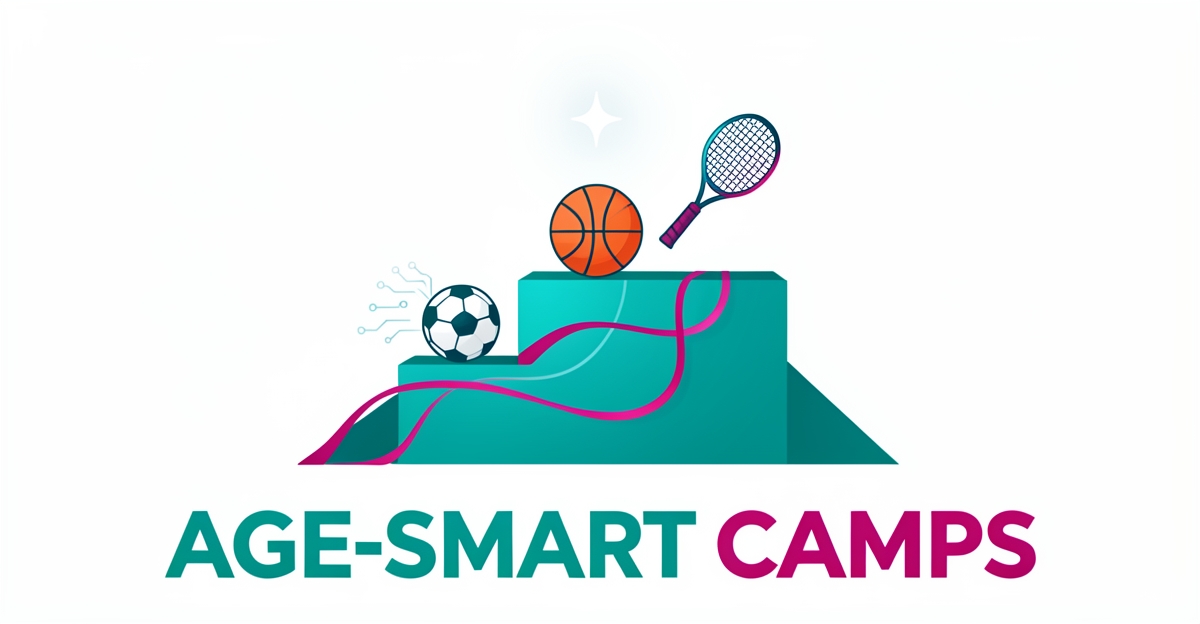 Flat illustration of tiered sports icons connected by AI-inspired gradient lines in teal and magenta, representing age-personalized camp descriptions.