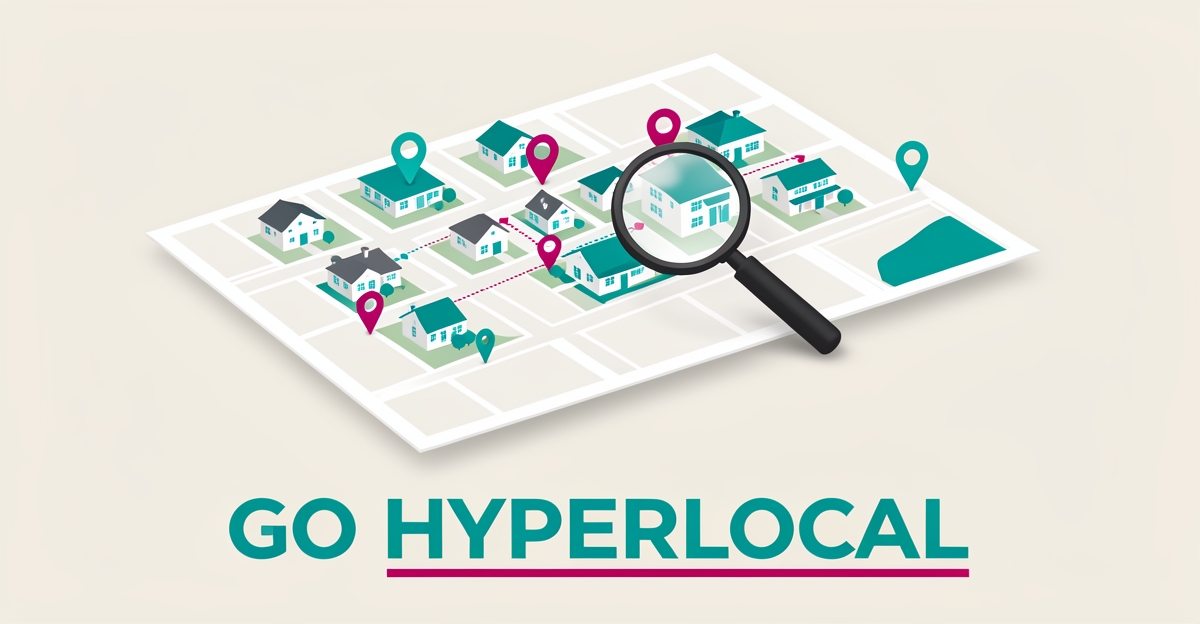 Flat illustration of a neighborhood map with location pins and a magnifying glass highlighting local service areas for window cleaning SEO.