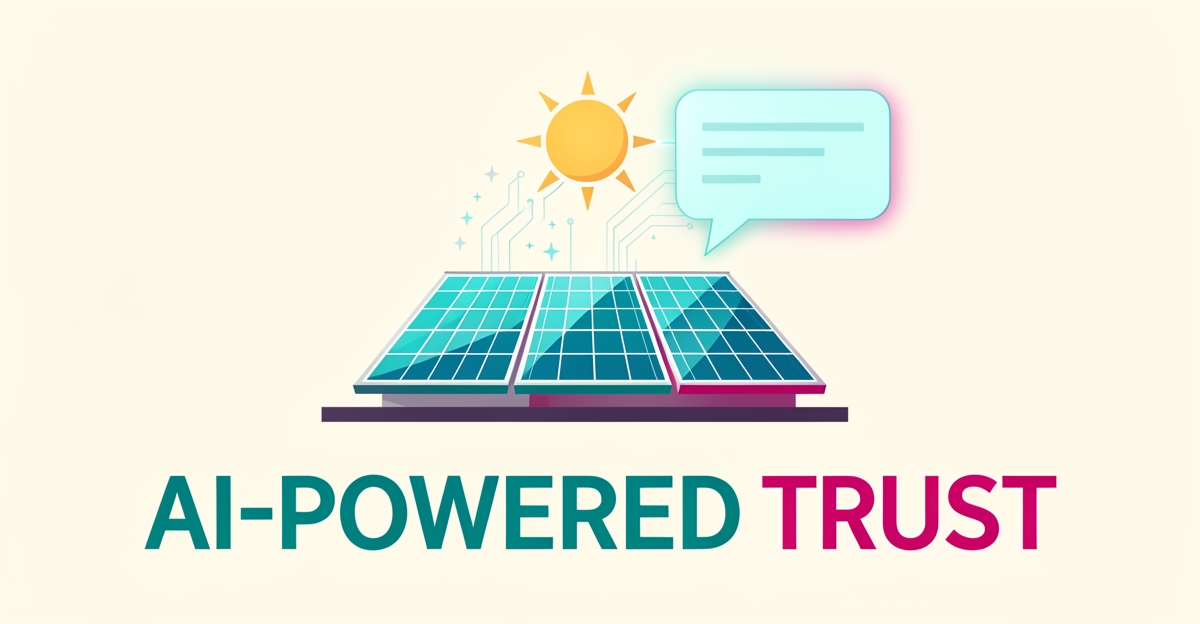 Flat illustration of gleaming rooftop solar panels with AI data motifs flowing into a glowing testimonial bubble, accented in teal and magenta.