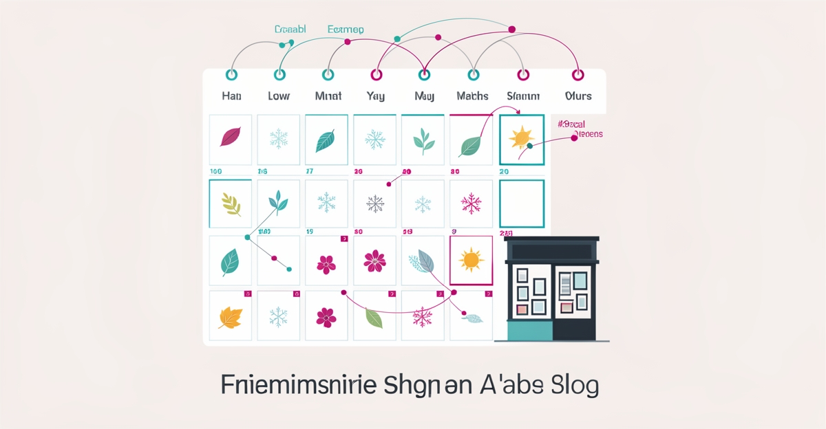 Flat illustration of a monthly calendar linked to seasonal events for AI generated framing shop content and local SEO.