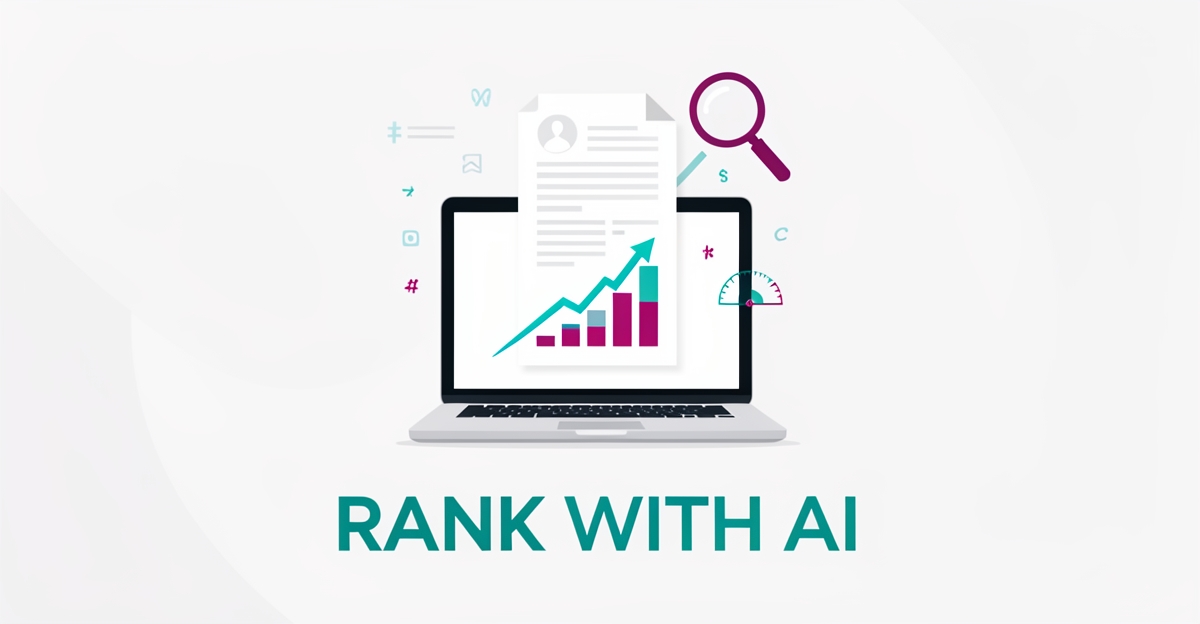Flat illustration of a medical article rising in search rankings with teal and magenta accents, symbolizing AI-generated patient education content.