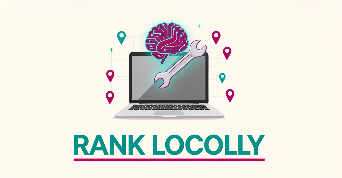 Flat illustration of a laptop with an AI circuit-brain, wrench, and map pins symbolizing AI-generated local PC repair service pages.