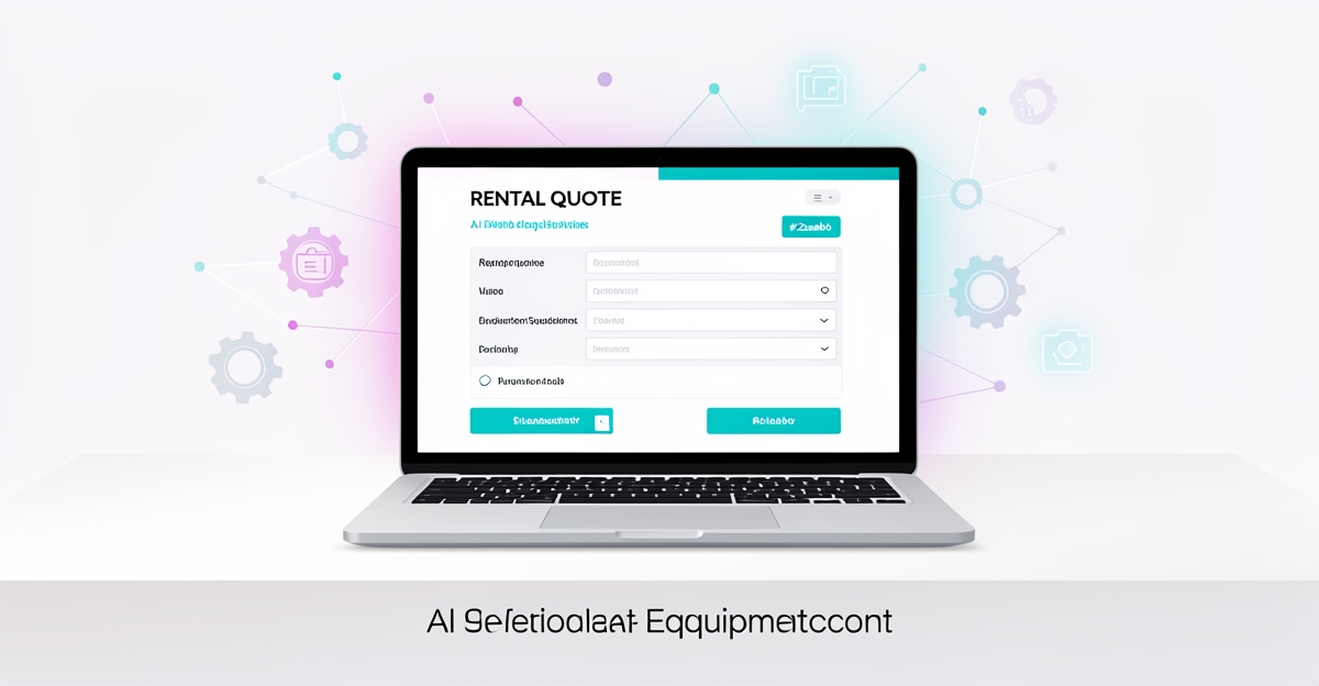Flat illustration of a laptop showing AI-generated rental quote interface with equipment recommendations, using brand colors as accents, minimalist business tech scene