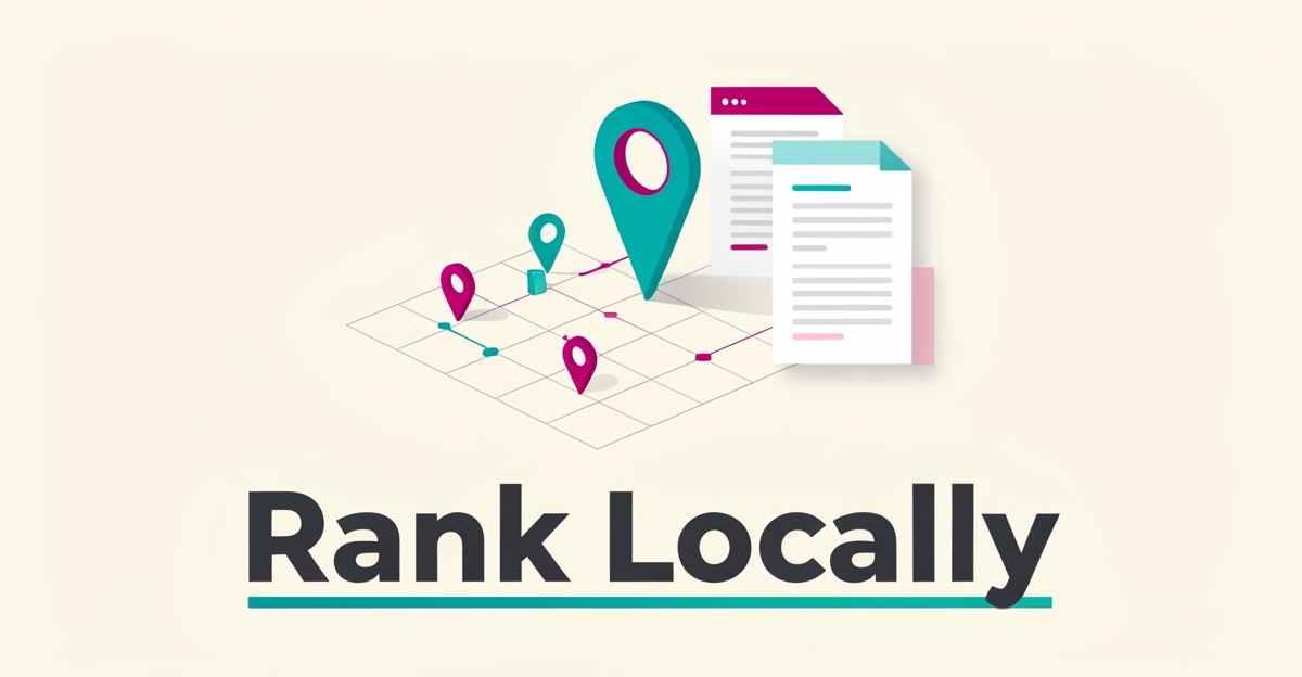 Flat illustration of a map pin with connected location markers and AI-generated page cards, headline reading Rank Locally.