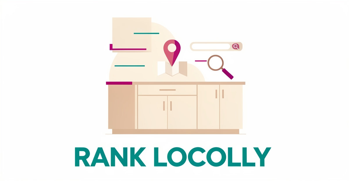 Flat illustration of kitchen cabinets with a location pin and search icons in teal and magenta, symbolizing localized AI-driven blog content that ranks.