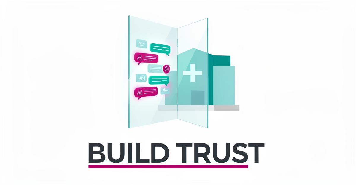 Flat illustration of a transparent glass panel between a chat interface and a healthcare building, symbolizing trust through transparent communication.