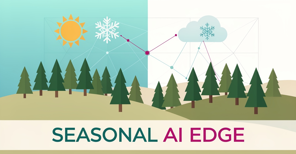 Flat illustration of a tree farm under shifting seasonal weather, connected by teal and magenta AI data lines, with the headline Seasonal AI Edge.