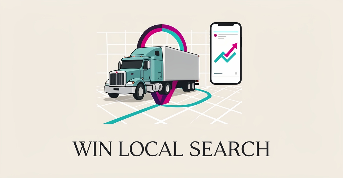 Flat illustration of a truck with a location map pin and rising search graph in teal and magenta brand colors.