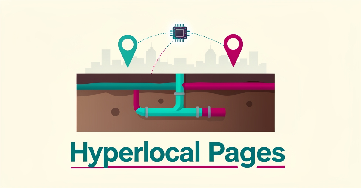 Flat illustration of underground utility lines linked to map pins by an AI icon, symbolizing AI-built hyperlocal service pages, with headline Hyperlocal Pages.