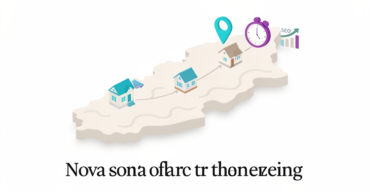 Flat illustration of Nova Scotia map with vacation rental icons, cleaning tools and SEO elements highlighting local service coverage.