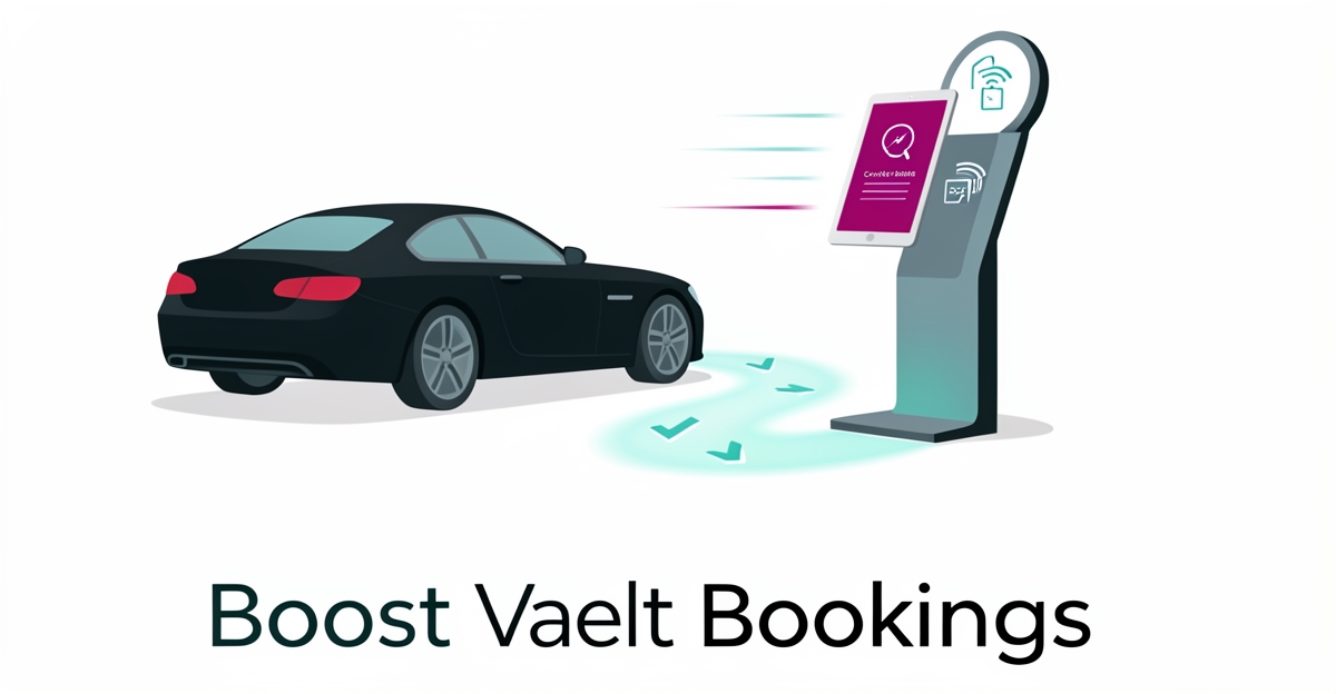 Flat illustration of a luxury car at a digital valet stand showing contactless booking flow with teal and magenta accents.