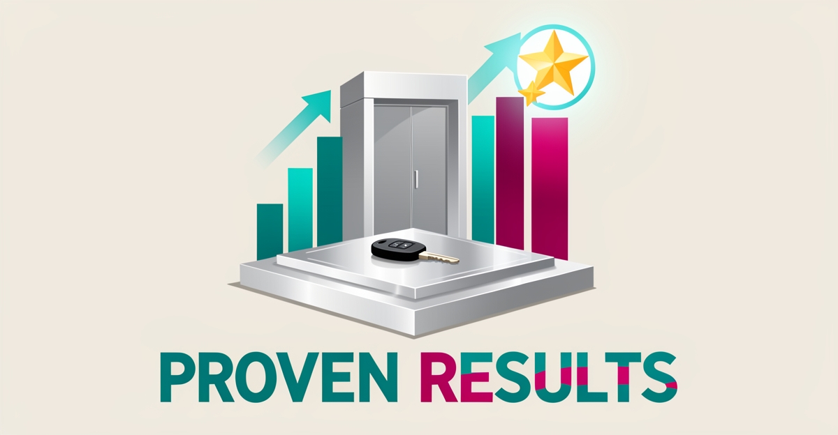 Flat illustration of a corporate valet podium with key, rising charts and five-star badge in teal and magenta, headline reading Proven Results.