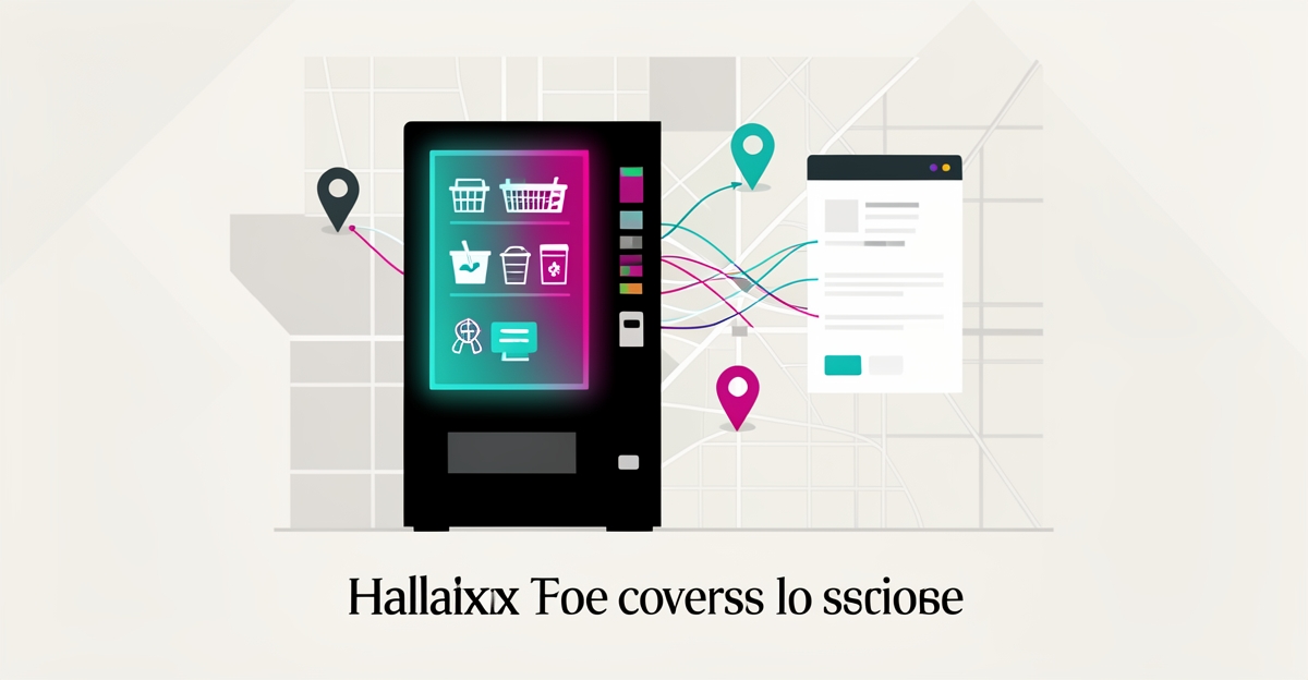 Flat illustration of a vending machine with AI data streams and Halifax neighborhood map pins highlighting real-time inventory.