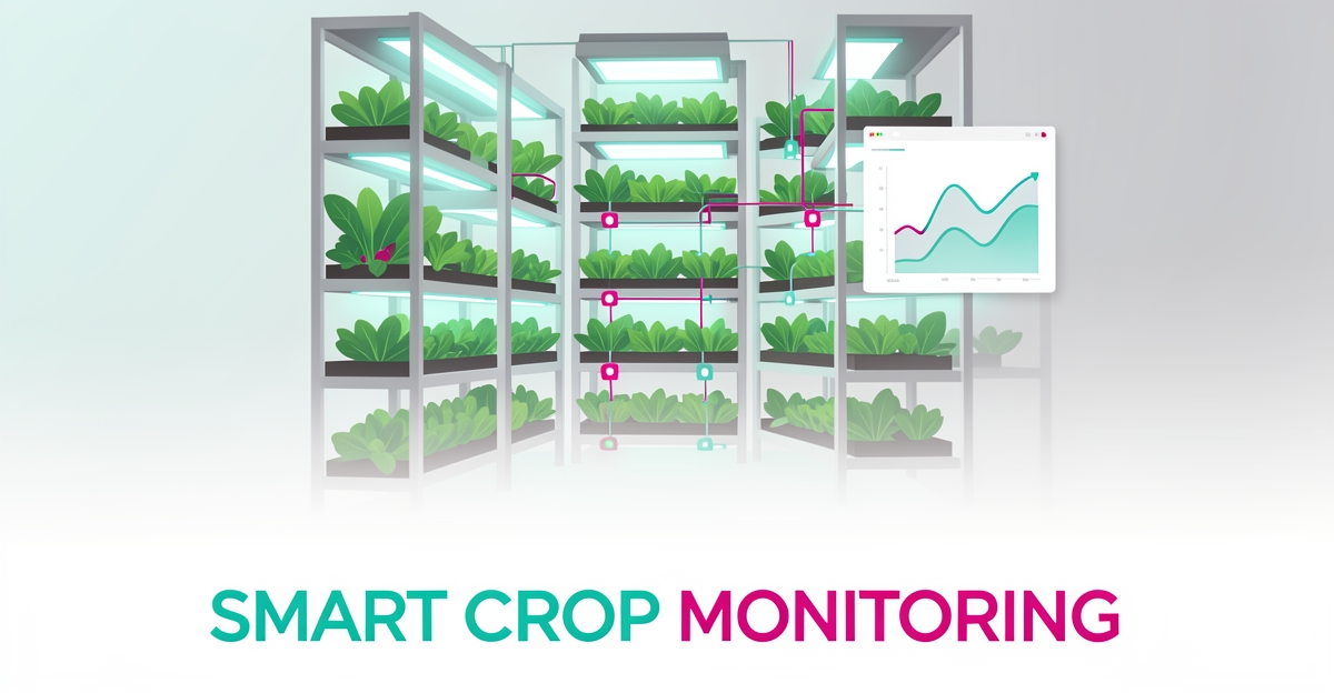 Flat illustration of a vertical farm with stacked crops connected to AI sensors and a dashboard, headline reading Smart Crop Monitoring.