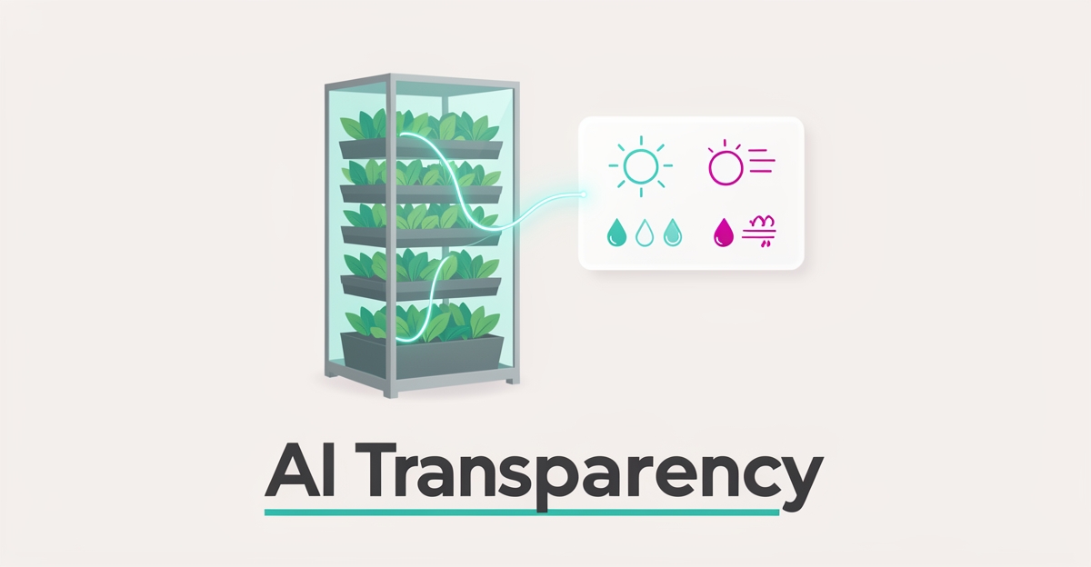 Flat illustration of a vertical farm linked to an AI dashboard showing environmental metrics, with the headline AI Transparency.