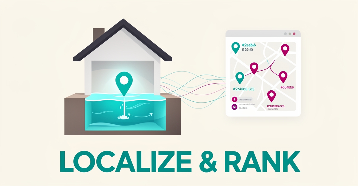 Flat illustration of a waterproofed house basement connected to a digital map interface with teal and magenta accents, symbolizing AI-powered localized service descriptions.