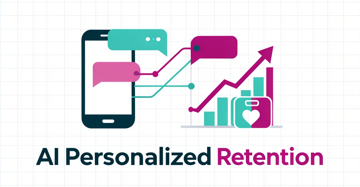 Flat illustration of AI personalized messaging for weight loss clinics with chat bubbles and growth chart in teal and magenta accents.