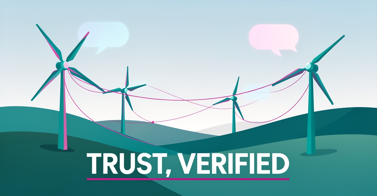 Flat illustration of teal wind turbines on coastal hills with glowing data-stream speech bubbles, headlined 'Trust, Verified'.