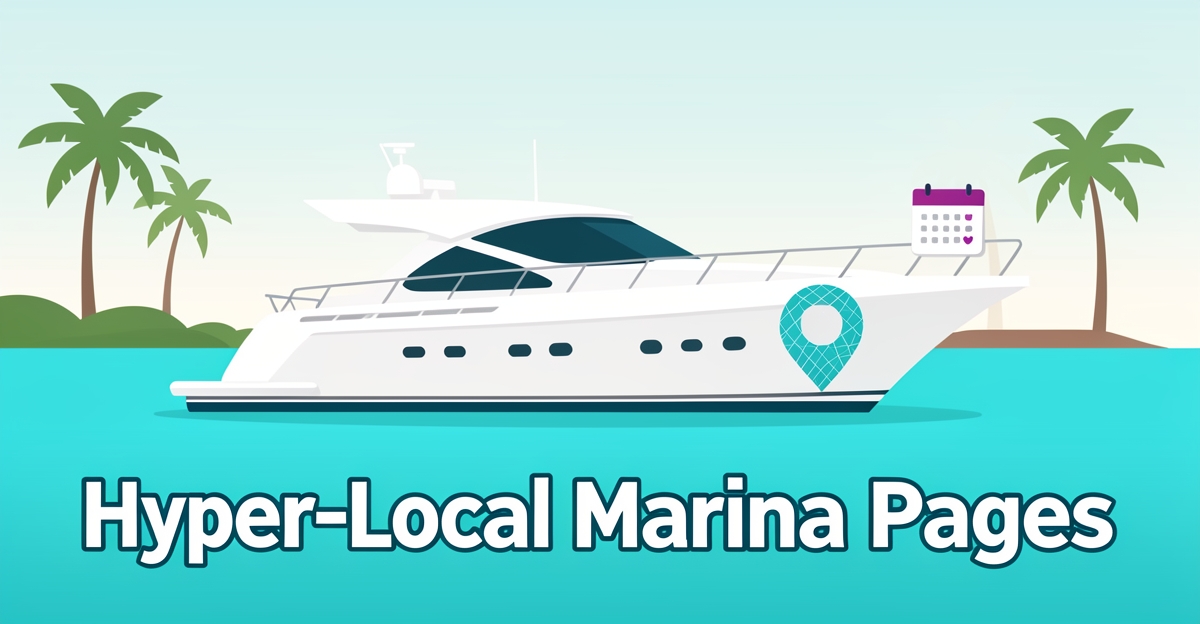 A minimalist flat illustration of a yacht at a tropical marina with map and calendar icons, featuring the headline 'Hyper-Local Marina Pages' in brand colors for a yacht charter local SEO article