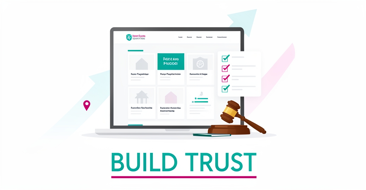 Flat illustration of a law firm website on a laptop with a checklist, gavel, and passport, accented in teal and magenta.
