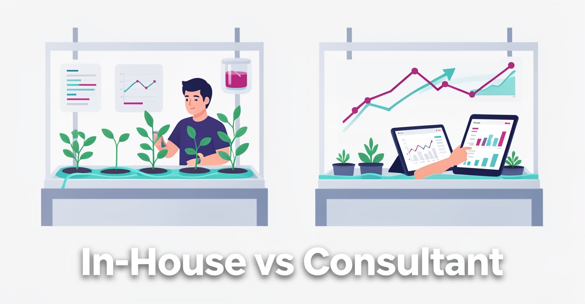 A clean flat illustration comparing in-house hydroponic farm management and consultant advisory, with brand-colored accents and a minimalist headline in the lower third.