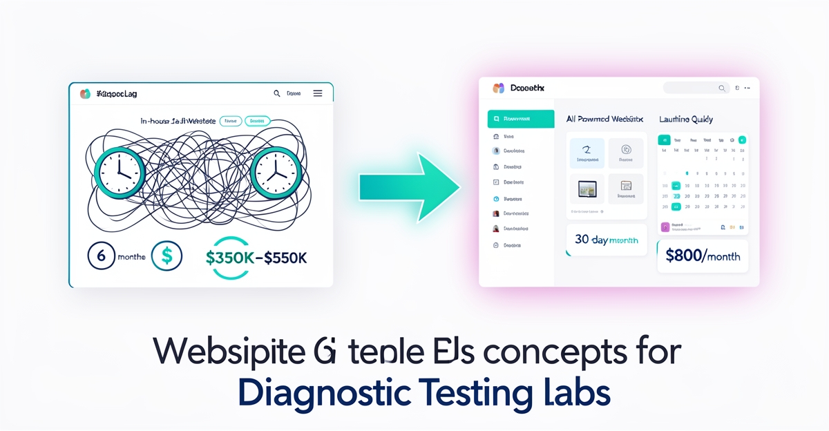 A modern flat illustration comparing costly in-house lab websites vs fast, affordable AI websites for diagnostic labs, with the AI option highlighted as the smarter choice.