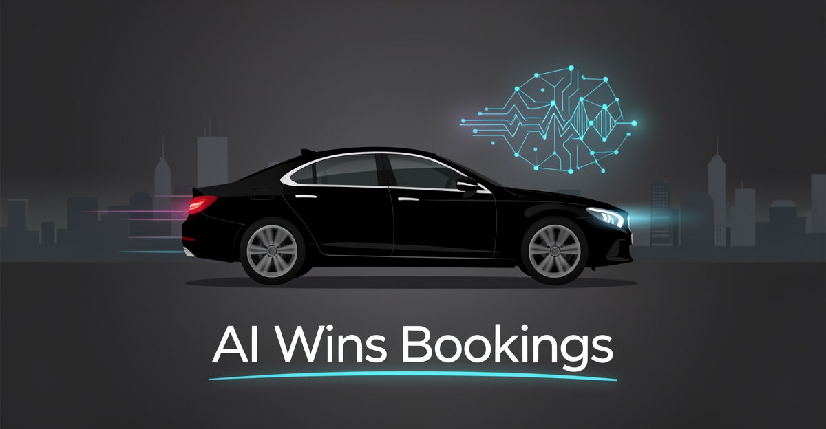 Abstract illustration of a black luxury car with AI elements, symbolizing AI receptionists boosting bookings.