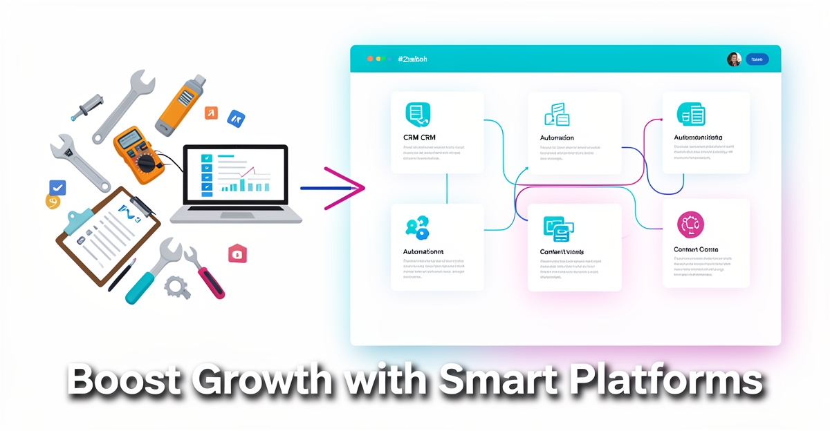 A minimalist flat illustration contrasting fragmented contractor tools with a unified smart website platform, highlighting integration and growth for industrial electrical contractors.