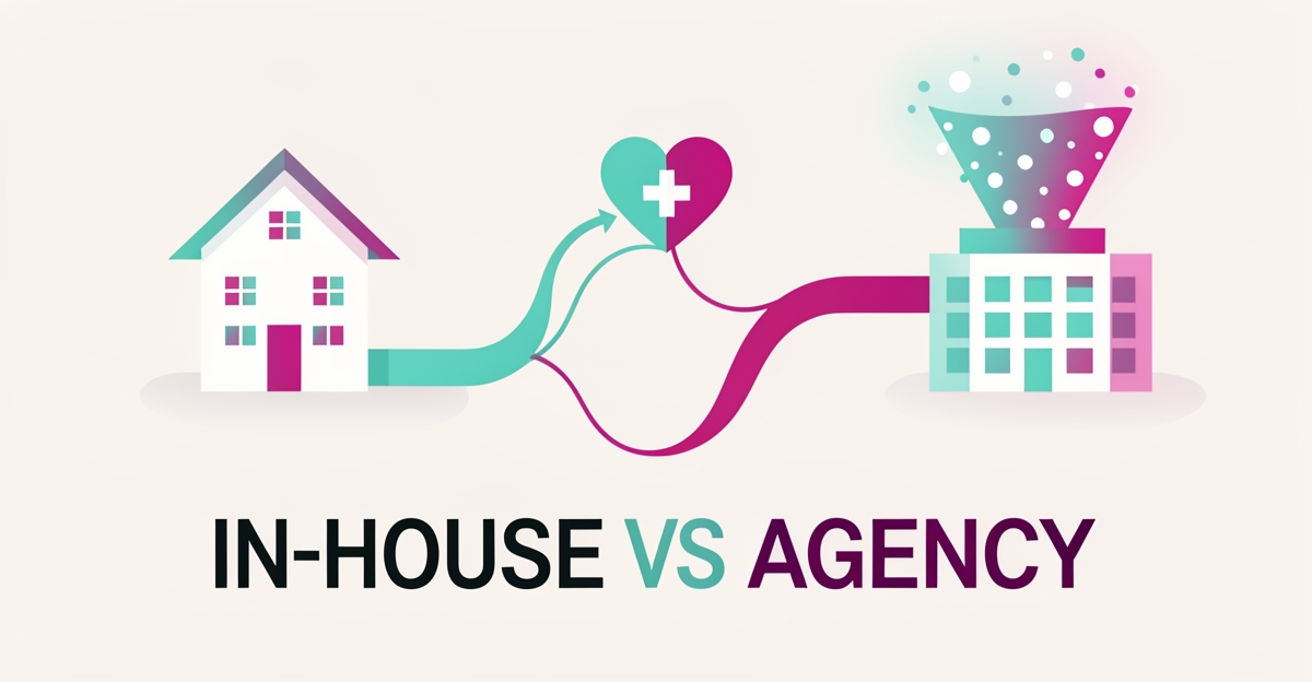Flat illustration comparing in-house and agency hospice website options with care and lead-generation symbols in teal and magenta.